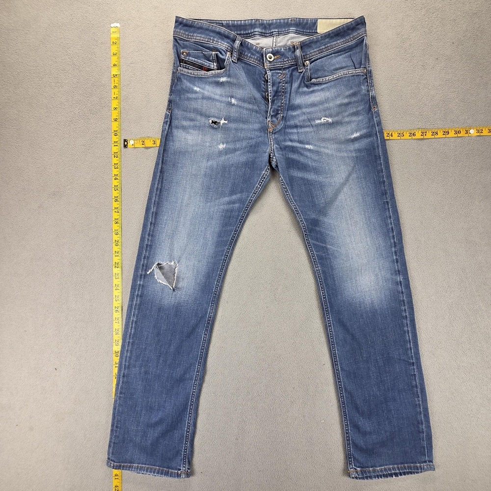 Diesel Jeans Mens 32x30 Blue Waykee Slim Straight Distressed Button Fly Denim